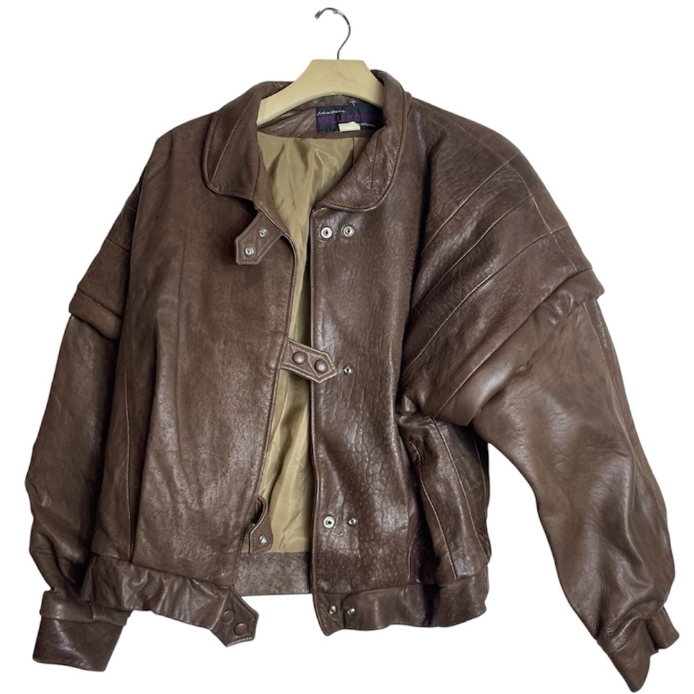 Vintage Kelli Kouri Brown Leather Jacket With Shoulder Pads Oversized Fashion